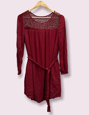 knee length dresses for ladies Levi Sheer Lace Trim Detail Belted Button Up Midi Dress S / Burgundy