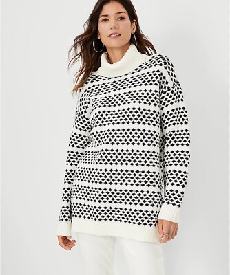 New Ann Taylor Geometric Stripe Black White Turtleneck Tunic Knit