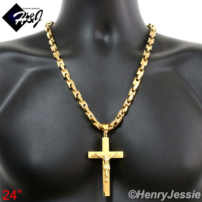 18-40''Stainless Steel 8mm Gold Plated Interlock Bones Necklace Cross Pendant*BJ1