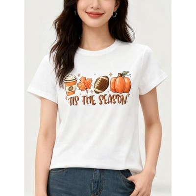 Women's Fall TIS THE SEASON Graphic T-Shirt Coffee Maple Leaf Pumpkin Casual Tee