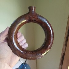 1840s RARE EARLY REDWARE POTTERY RING FLASK WITH FLARED LIP CLEAR LEAD GLAZE