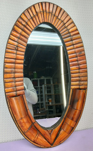 MCM BOHO SHABBY CHIC RATTAN BAMBOO OVAL MIRROR W/ WALL POCKET VASES FREE SHIPING