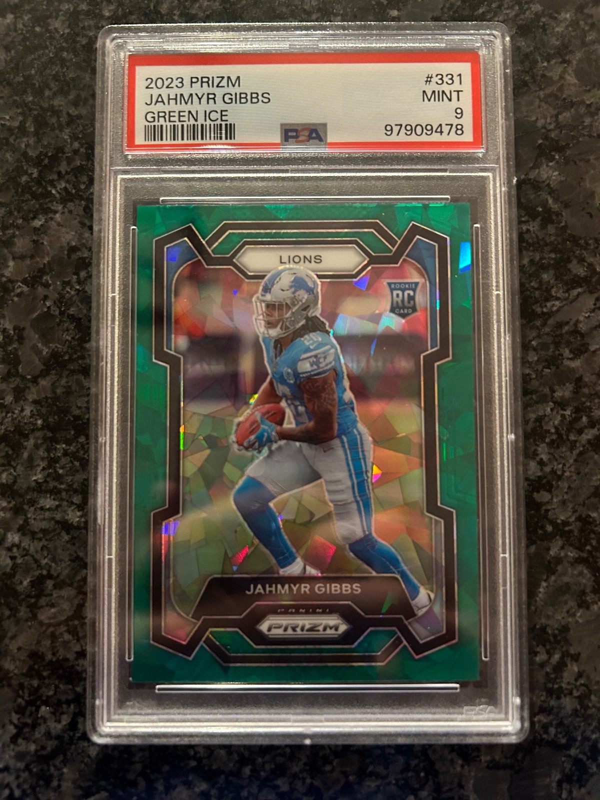 Jahmyr Gibbs 2023 Panini Prizm Rookies #331 Green Ice Prizm RC PSA 9
