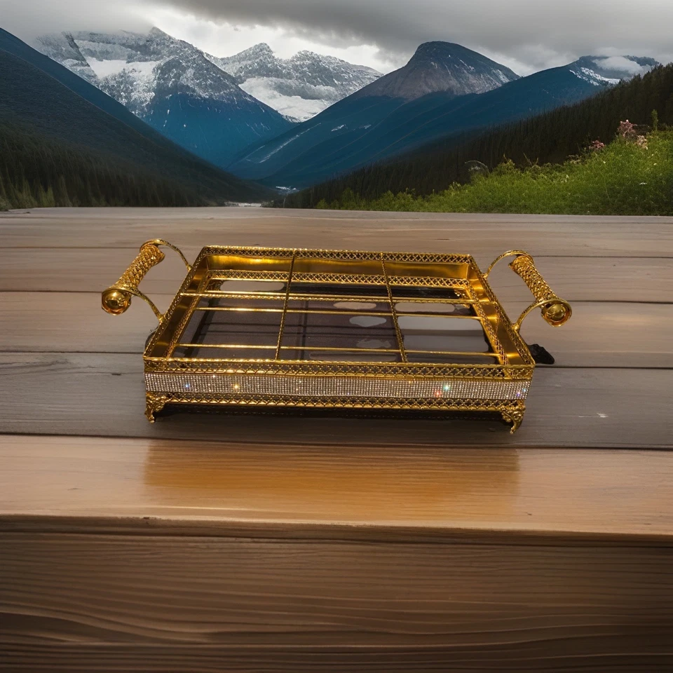 Goldenes Metall Deko Tablett Vintage Servier Asiatisch (12x24x46cm), 8x24x36cm - Bild 2 von 4