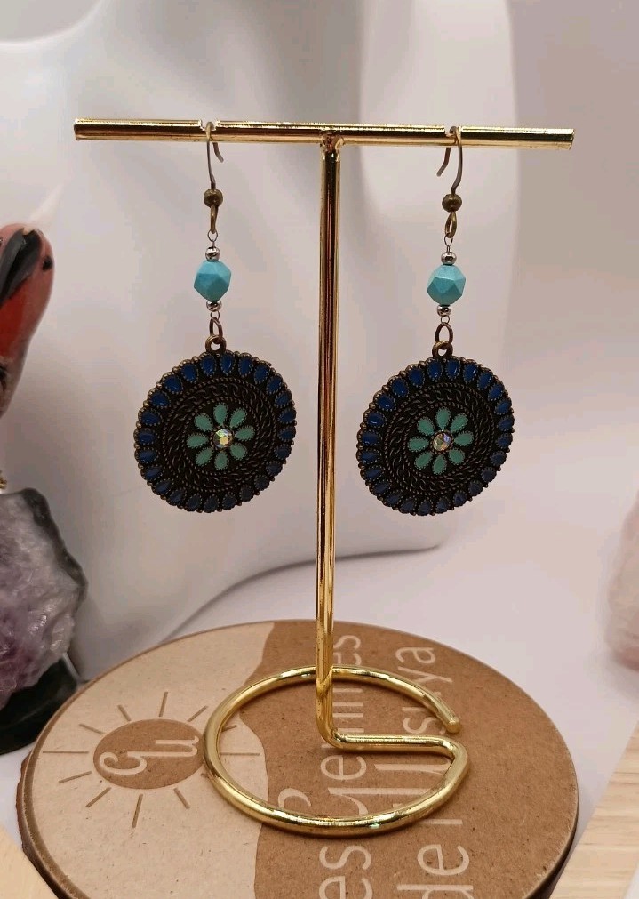 Boucles d'oreilles turquoise et bronze de style vintage - 3