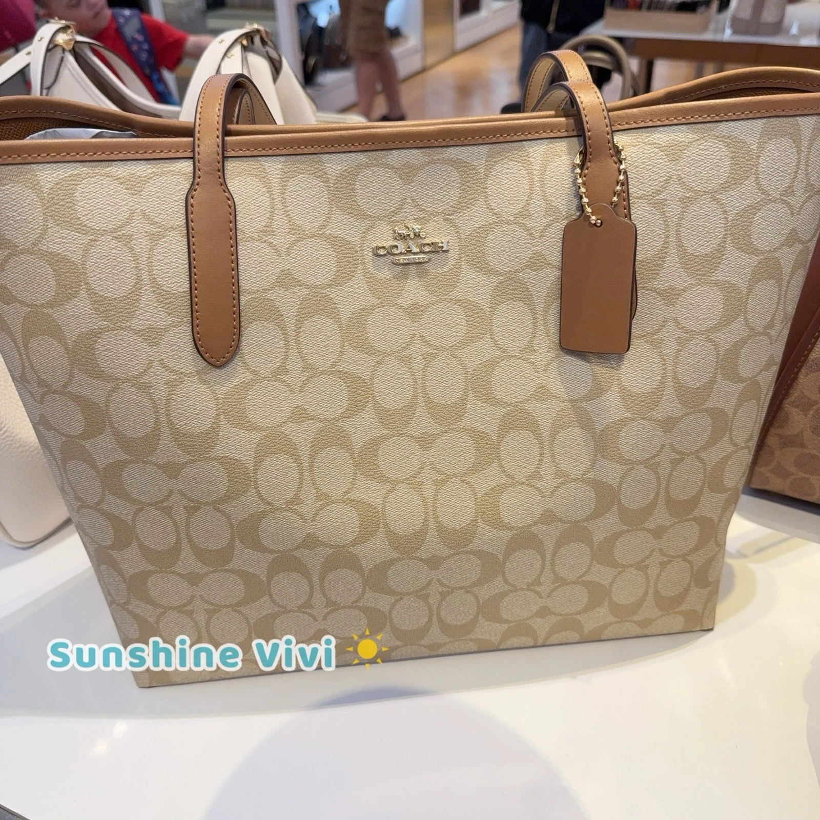 Sella Coach City Tote nuova con etichette in tela kaki chiaro firmata bordo in pelle 5696