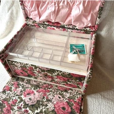 Vintage Quilted Floral Sewing Craft Box Organizer Storage Case w Tray and Drawer