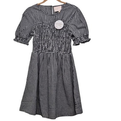 Us Together Gingham Smocked Dress Women M Black White Cotton Puff Sleeve Cottage