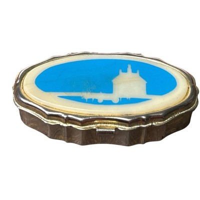 Vintage Oval Pill Box Case Decorative Silver Tone Blue Building Silhouette Hinge