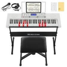 New White 61 Key Lighted Up Piano Keyboard with Bench,Stand,Headphone,Microphone