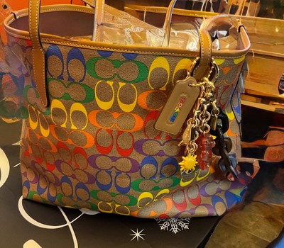 Coach C4181 Rainbow Signature City Tote, Wallet, Chain, and Keychains