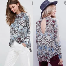 New Free People Snow Combo Long Sleeve Tulip Top $88 XS Boho Lace Applique