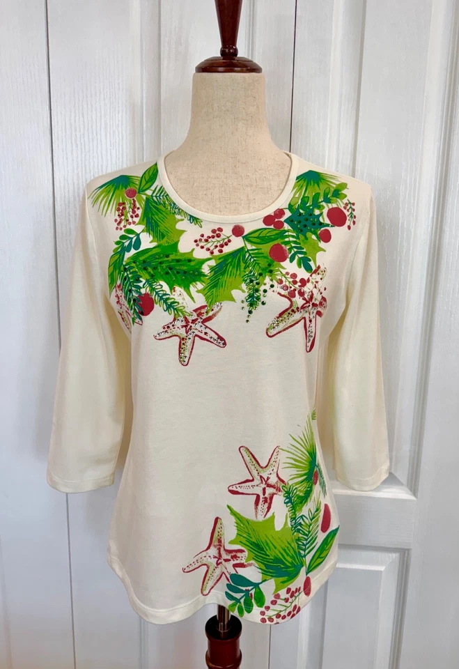 热带圣诞上衣,Coral Bay P/S 码,3/4 Slve,棉,珠宝冬青 — 第 4/4 张图片