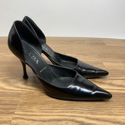 Prada D'Orsay Pump High Heels Pointed Toe Black Patent Leather Womens Size  37