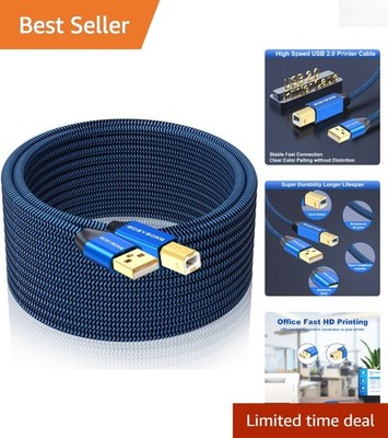 Tangle-Free 15ft USB Printer Cord for Laptops & Printers, Blue Nylon Design