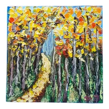 Autumn Forest 3D Original Painting Mountains Semi Abstract Handmade Wall Art 6x6