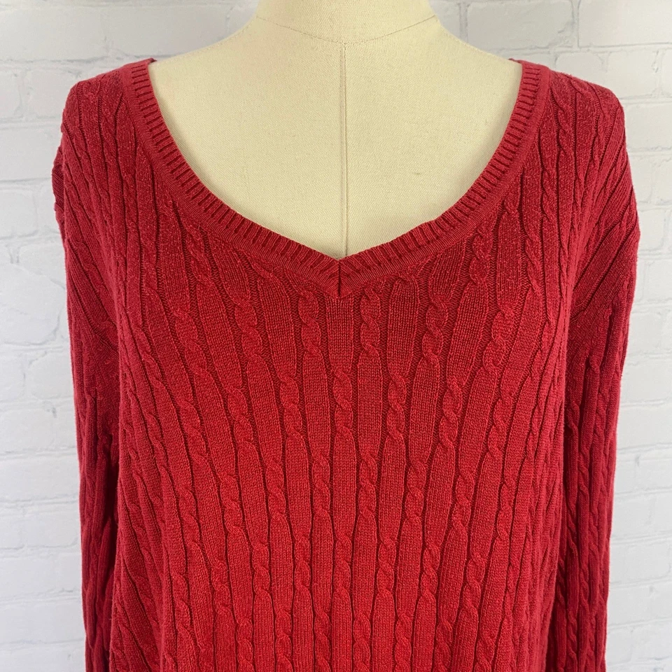 Suéter Top Laura Scott Rojo Cuello en V Tejido con Cable Grande Mezcla de Algodón Clásico Preppy Foto 4 de 4