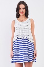 Women's Horizontal Striped Sleeveless Floral Embroidery Layered Top Mini Dress