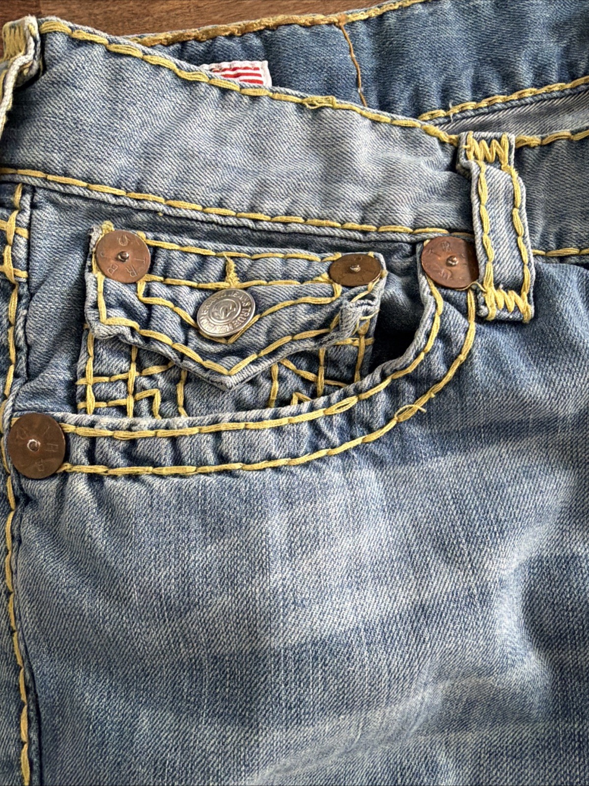True Religion Ricky Super T Jeans Mens 38 Blue Denim Yellow Stitch Vintage Y2K image 9