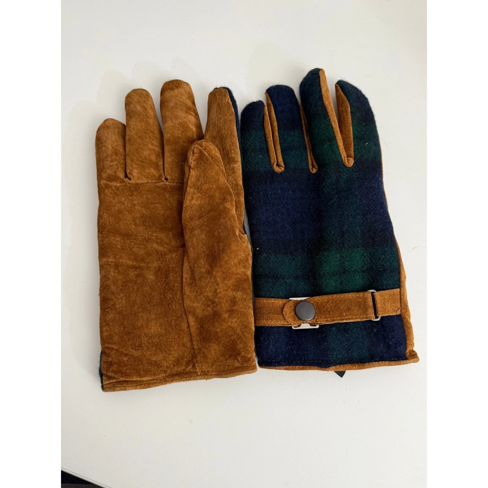 Eddie Bauer Mens XL Suede and Plaid Wool Blend Winter Gloves Brown Navy Green