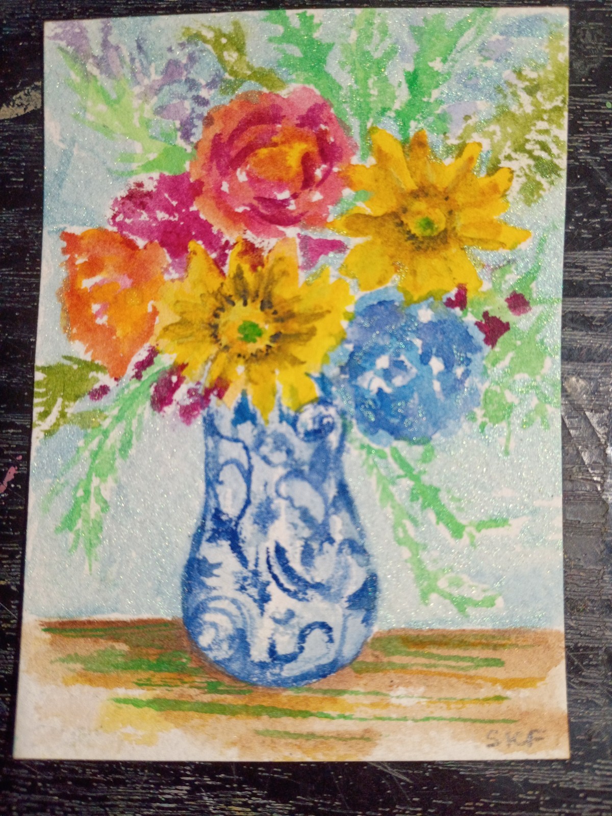 Original ACEO Flowers, Blue, White  Vase Watercolor Painting, Sharon Foster