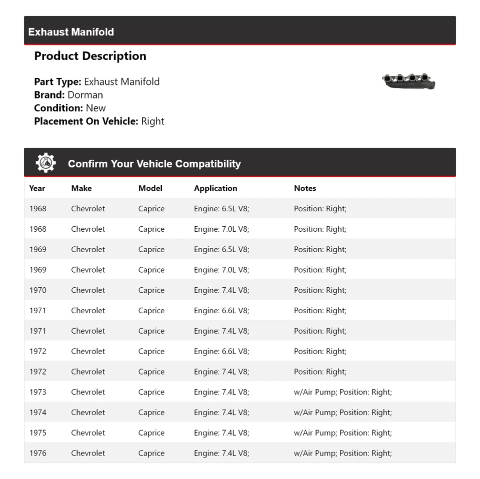 Colector de escape derecho Chevrolet Caprice Dorman 1968-1976 1969 1970 1971 Foto 2 de 4
