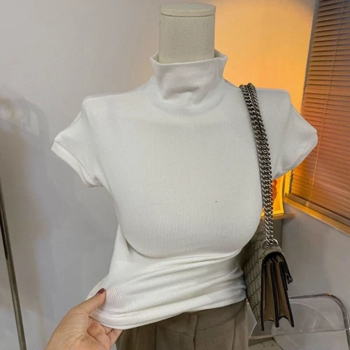 Mujeres Top Mangas Cortas Camiseta Cuello de Tortuga Calce Ajustado Blusa Parte Inferior - Imagen 13 de 25