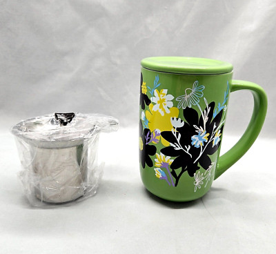 Davids Tea Nordic Mug w Infuser & Lid Floral Bliss Leaf Green Black Yellow Cup