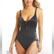Bar III Summer Solids Lace-Up One-Piece Swimsuit Black Size Small