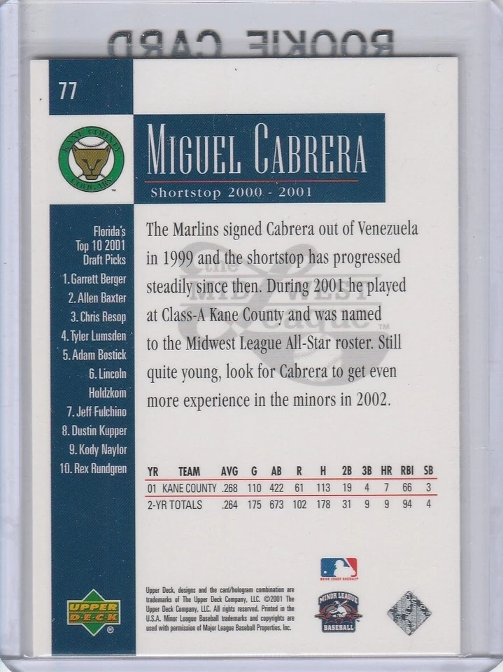 MIGUEL CABRERA 2001 Upper Deck ROOKIE CARD Kane County Cougars Baseball RARE RC! - Image 2 of 2