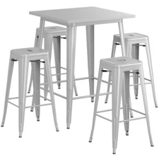 32" Square Silver Metal Restaurant Bar Table Set with 4 Backless Barstools