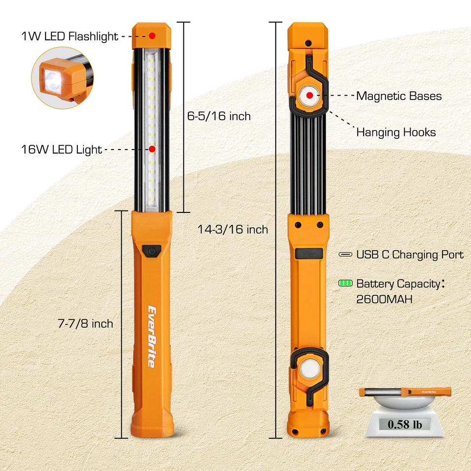 EverBrite 1000LM LED Work Light Rechargeable Work Light 4 Modes w/USB C Cable US - Image 3 of 4