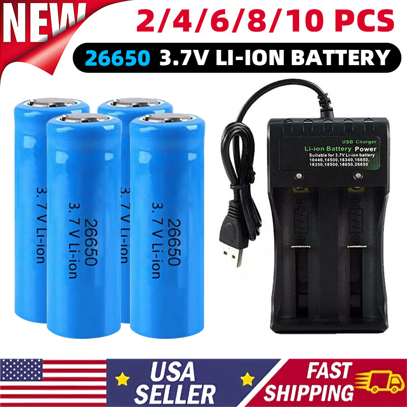 2-10PCS 26650Battery 3.7V Li-ion Rechargeable Batteries Cell With 2 Slot Charger
