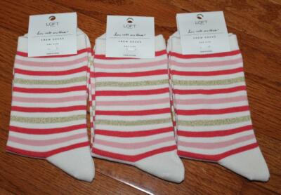 Three (3) Pair New NWT Womens Ann Taylor Loft Crew Socks Pink Stripe *4U