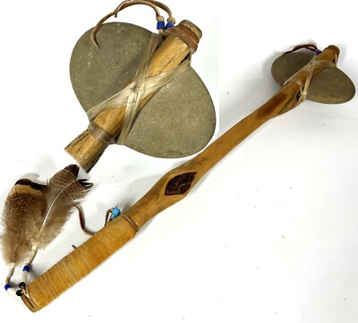 Handmade Native Tribal Folk Art 21'' Stick Stone Axe Feather Tomahawk Warhammer