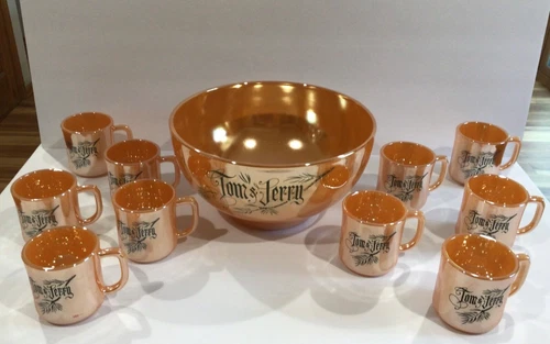 Vintage Fire King Peach Lustre Tom & Jerry Punch Bowl & 10 Mugs