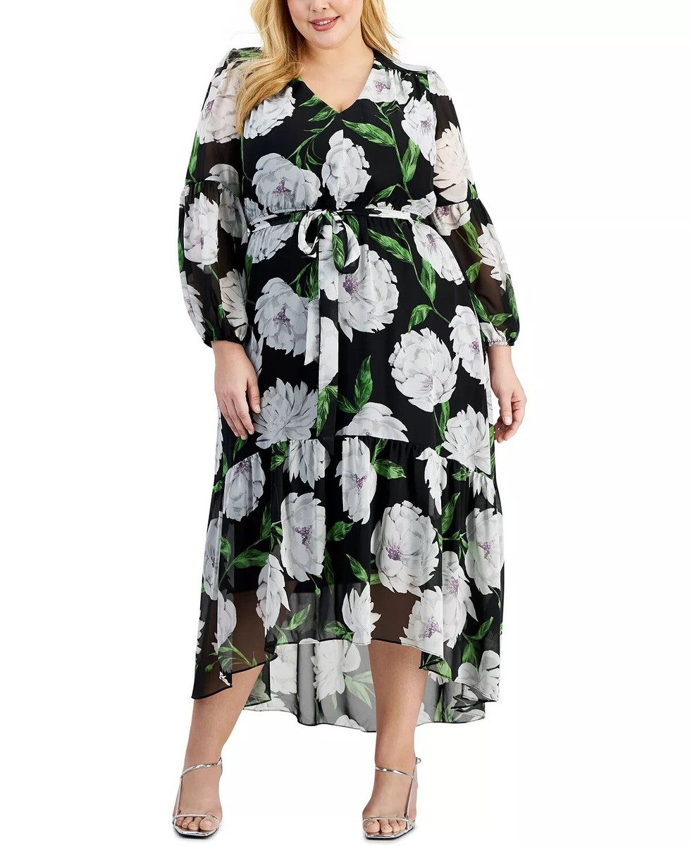 NEW TAYLOR BLACK WHITE GLORAL CHIFFON BELTED MIDI DRESS SIZE 22W WOMEN $139