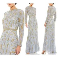 Mac Duggal Platinum Silver Gold Paisley Beaded Long Sleeve Gown Size 14 $598