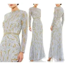 Mac Duggal Platinum Silver Gold Paisley Beaded Long Sleeve Gown Size 8 $598