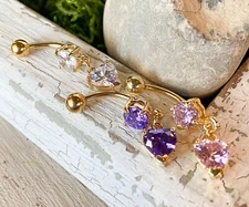 Gold Heart CZ Gem Belly Ring Navel Naval Clear, Pink, Tanzanite