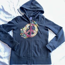 Women  s Lucky Brand Embroidered Hoodie Black W/ Cranes Peace Sign Sz S