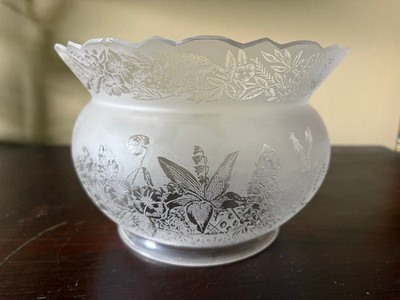 Rare Acid Etched Gas Oil Lamp Crown Shade Antique Glass 5'' fitter