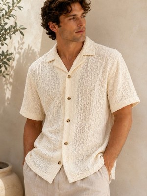 Mens L Textured Knit Camp Shirt Cream Euro Resort Coastal NWT Plenum Studio