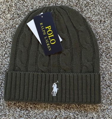 Polo Ralph Lauren Beanie Hat Cable Knit Rib Men Women Olive Green Warm FREE SHIP