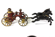 Antique Cast Iron Fire Dept. Horse Drawn Wagon 11 1/4" OAL Two Piece Toy