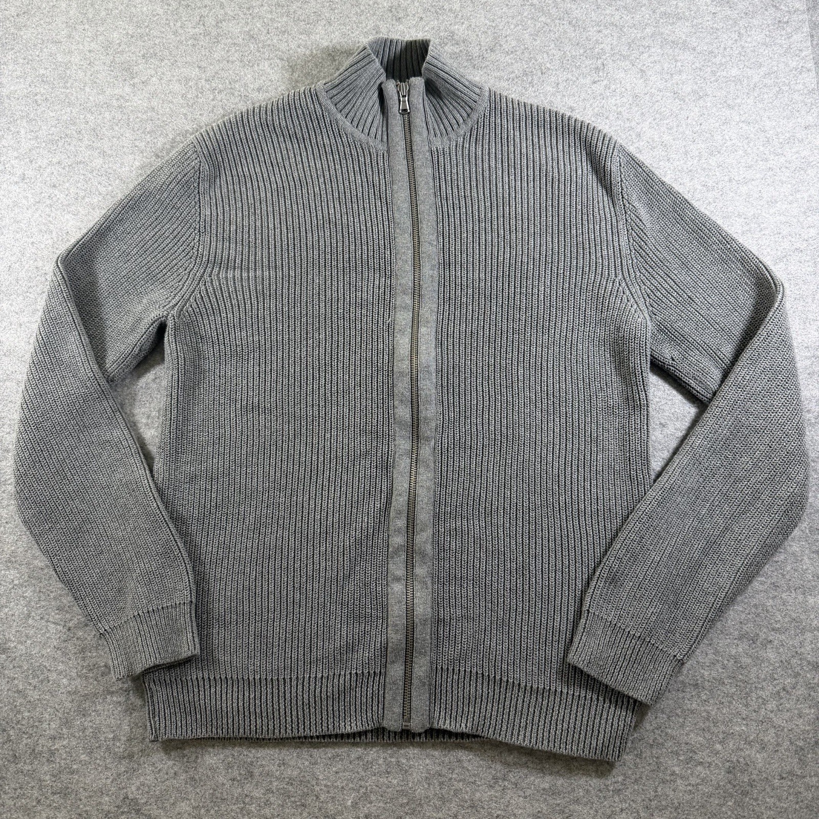 Express Full Zip Sweater Jacket Mens XL Gray Herringbone Knit Heavyweight