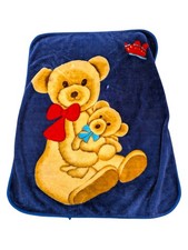 Vintage Teddy Bear Baby Blanket Navy Blue Mink Plush 40x50 Crib Throw Nursery