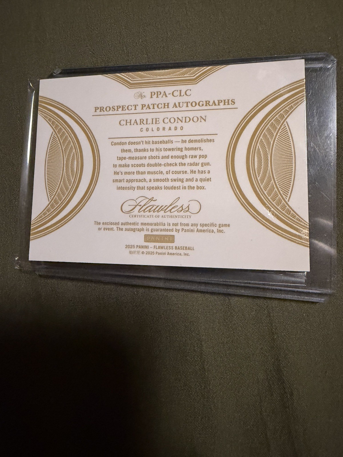 2025 Panini Flawless Charlie Condon Silver On-Card Patch Auto 17/25 Rockies view 2