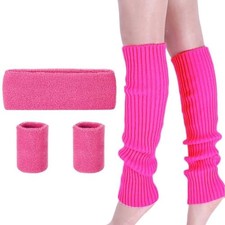 Ribbed Knitted Leg Warmers Sweatband Set 80s Neon Running One Size Rose Red877