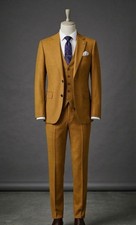 Men's Tailored 3 Piece Modern Fit Two Button Mustard Elegant Formal Bespoke